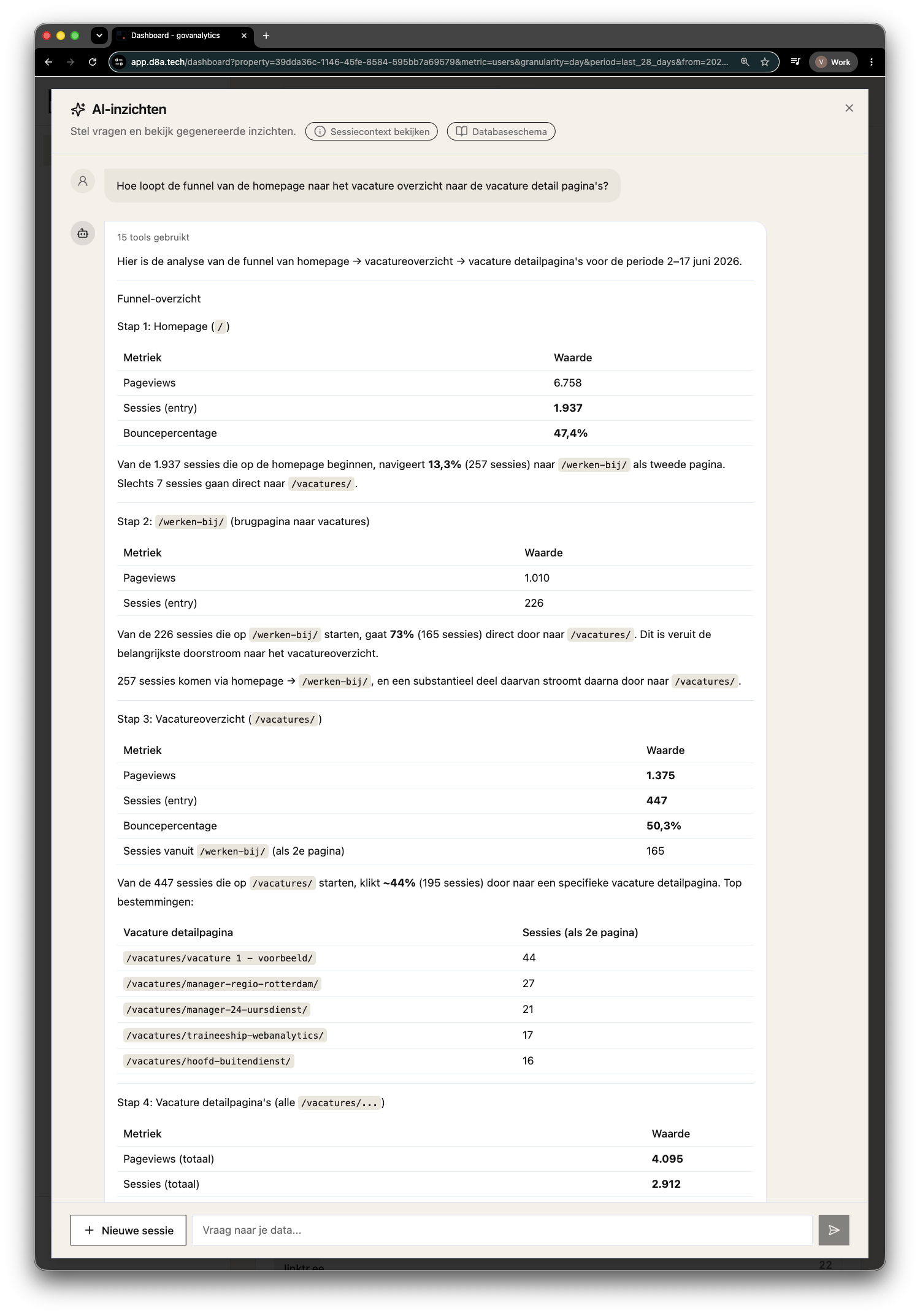 Ask AI bouwt een eigen funnel door het schema te inspecteren en een read-only SQL-query te draaien