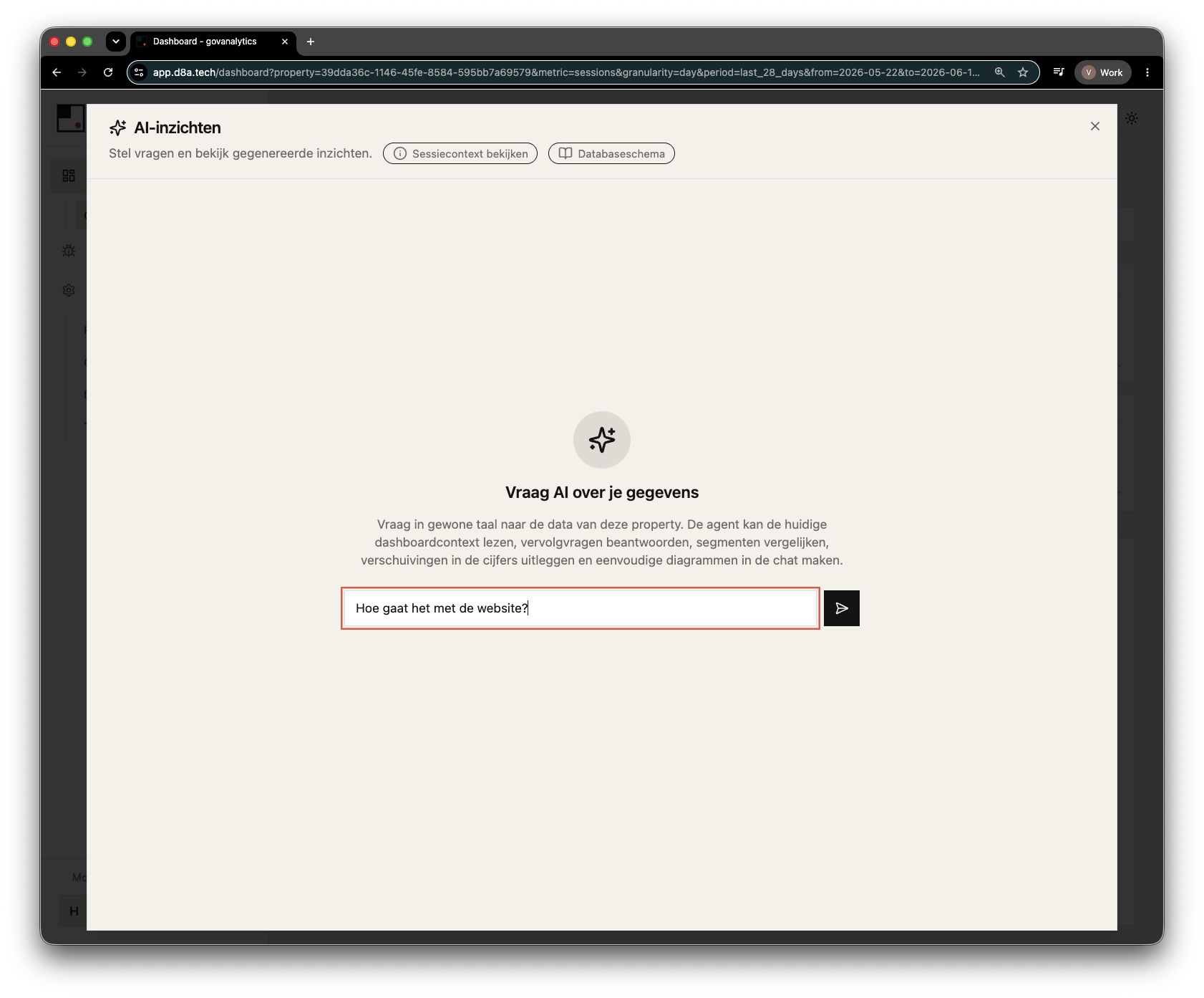 Het Ask AI-paneel in lege staat, met knoppen voor sessiecontext en databaseschema